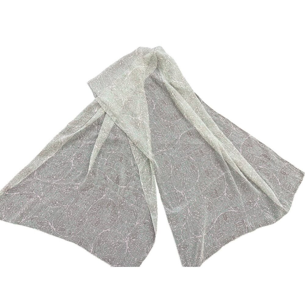 Vintage Floral Sheer Scarf 24.5x68in Mint Green & Gold Artistic Pattern By Saco